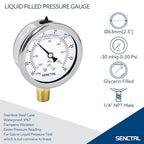 SENCTRL 30 inHg to 30 Psi Vacuum Glycerin Liquid Filled Low Pressure Gauge, 2.5" Dial Size, 1/4" NPT Lower Mount, Stainless Steel Case, for Air Conditioning Manifolds, HVAC, Air Pump Vacuum Test