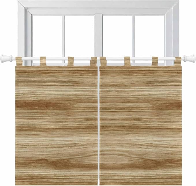 Light Brown Wood Grain Kitchen Curtains 45 Inch Length, Short Cafe Window Curtains Tab Top, Western Farmhouse Barn Door Light Filtering Window Treatments Tier Drapes 27.5"x45" 2 Panel
