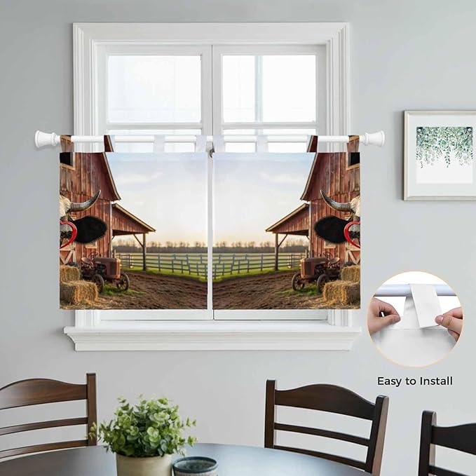 Farm Cows Kitchen Curtains 24 Inch Length, Small Window Curtains Tab Top, Farmhouse Barn Funny Animals Butterfly Light Filtering Short Window Treatments Tier Drapes 27.5"x24" 2 Panel