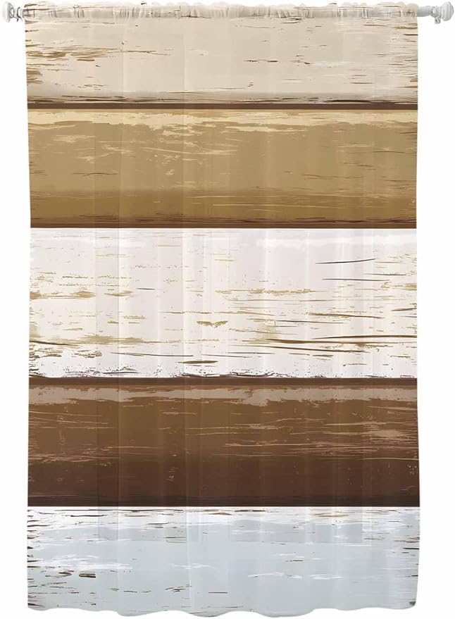Sheer Curtains 72 Inches Long, Wood Grain Brown Semi Sheer Curtains Light Filtering Window Treatment, Farmhouse Vintage Country Geometric Privacy Voile Drapes for Living Room Bedroom 52x72 Inch