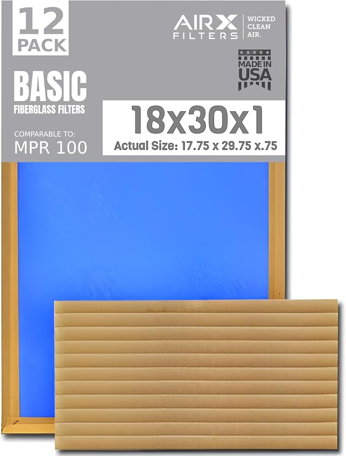 18x30x1 Air Filter Comparable to MPR 100 Basic Economy Furnace Filters, 12 Pack of Non Pleated Fiberglass Filter For Dust - Low Airflow Restriction! From AIRX FILTERS WICKED CLEAN AIR.