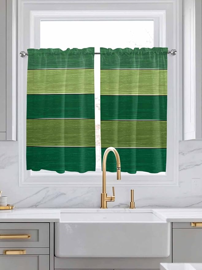 Farm Retro Green Wood Grain Window Valance Curtains, Rustic Wooden Plank Texture Light Filtering Kitchen Valance with 3-inch Rod Pocket for Living Room Bathroom Bedroom,2 Panel,42x54In
