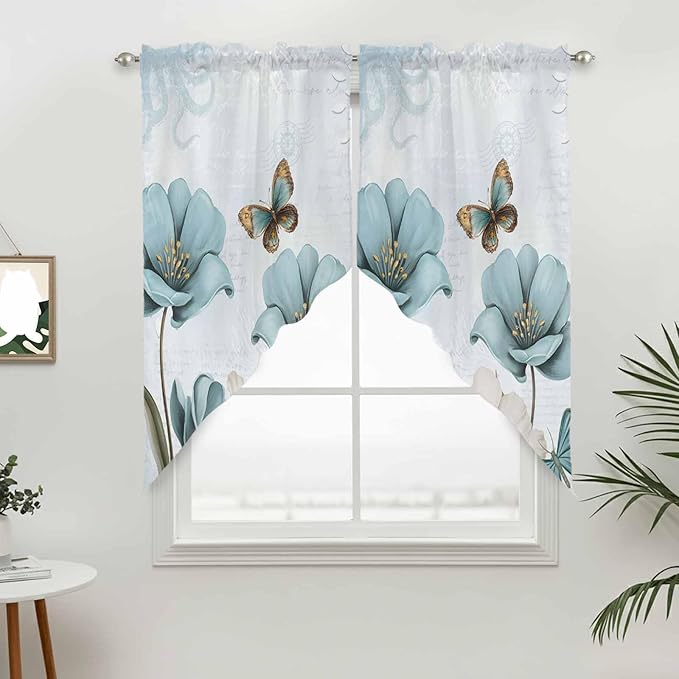 Blue Tulips Swag Valances for Windows, Watercolor Flowers Butterfly Spring Farmhouse Blue Rod Pocket Kitchen Curtains Valance, Small Window Curtains Swag for Cafe Living Room, 2 Panels, 28x36 inch
