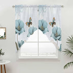 Blue Tulips Swag Valances for Windows, Watercolor Flowers Butterfly Spring Farmhouse Blue Rod Pocket Kitchen Curtains Valance, Kitchen Window Curtains Swag for Cafe Living Room, 2 Panels, 36x63 inch