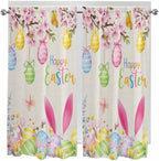 Happy Easter Bedroom Curtains 63 Inches length, Spring Farmhouse Bunny Eggs Flower Beige Window Treatment Curtain Drapes, Rod Pocket Curtain Panels for Living Room Kitchen, 42"x63", 2 Panels