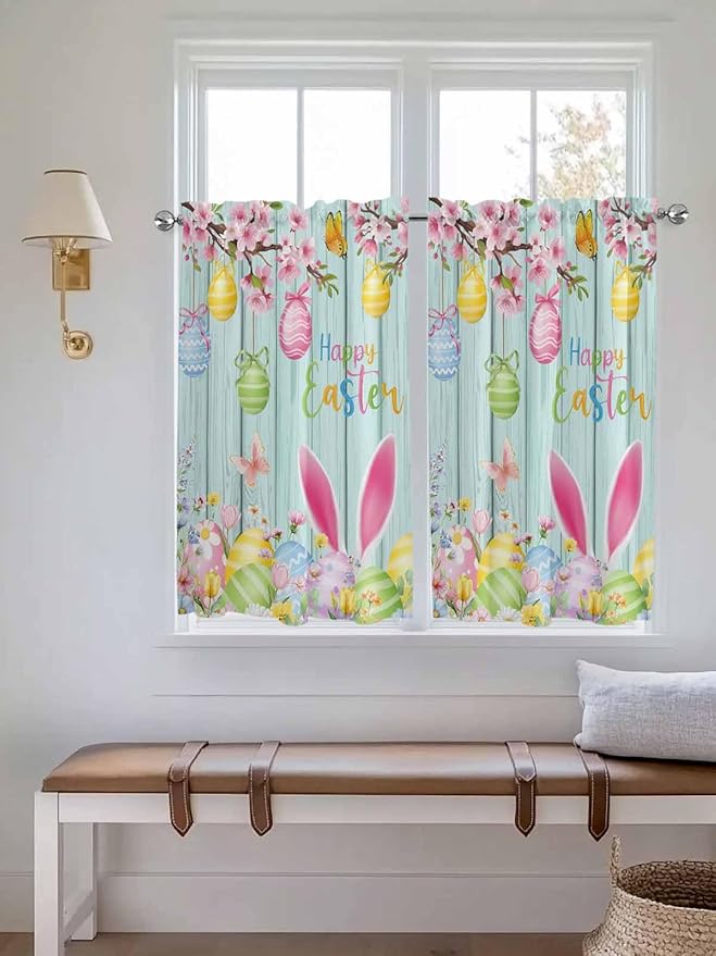 Happy Easter Kitchen Curtains 54 Inches Length, Spring Bunny Eggs Flower Teal Wood Grain Window Treatment Curtain Drapes, Thermal Insulated Drapes for Basement Hotel RV, 42"x54", 2 Panels