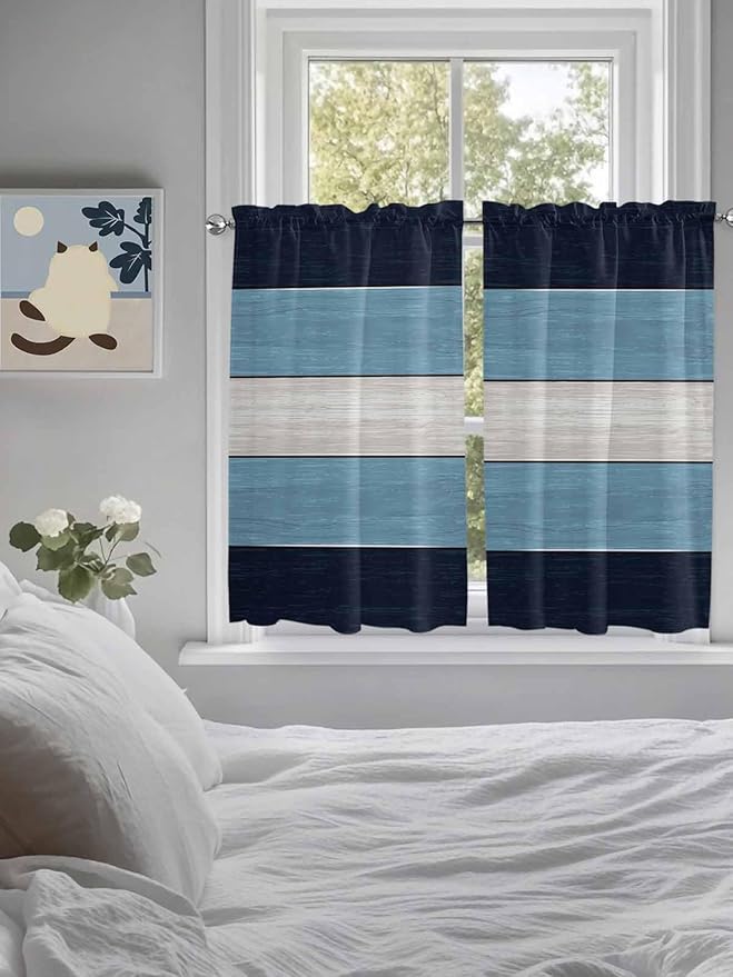 Vintage Country Woodcuts Window Valance Curtains, Blue Gradient Striped Light Filtering Kitchen Valance with 3-inch Rod Pocket for Living Room Bathroom Bedroom,2 Panel,42x54In