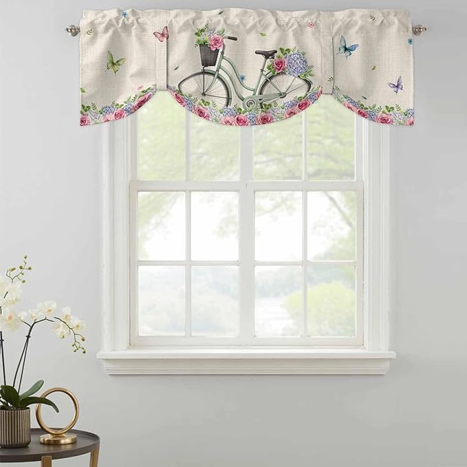 Farmhouse Spring Tie Up Valance Curtains for Windows, Kitchen Curtains Window Shades, Retro Bicycles Flowers Vines Butterfly Light Filtering Roman Curtain Valances for Bedroom/Bathroom/Cafe 60"x18"