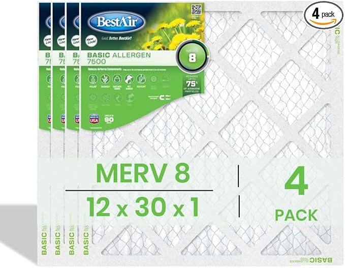 BestAir 12x30x1 Air Filter (4-Pack) | MERV 8 Basic Allergen 7500 HVAC AC Furnace Filter | Replacement Air Filter for Residential & Commercial Use | Made in USA | Actual Size (11.75 x 29.75 x 0.75)