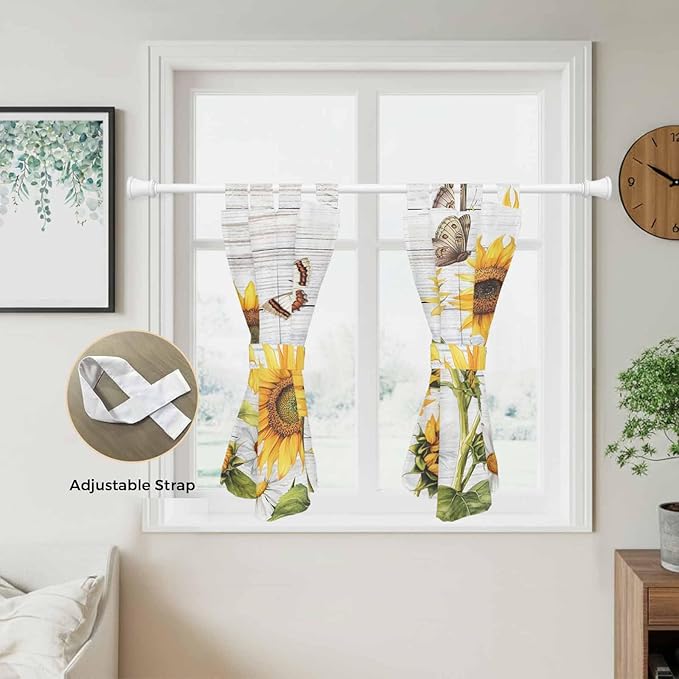 Yellow Sunflowers Kitchen Curtains 45 Inch Length, Short Cafe Window Curtains Tab Top, Vintage Country Flowers Butterfly Wood Board Light Filtering Window Treatments Tier Drapes 27.5"x45" 2 Panel