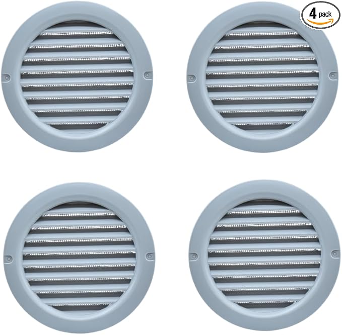 VENTS-US - 4" Round Light Grey Plastic Vent Cover for Air Supply or Exhaust Air Applications - Built-in Insect Screen Mesh and Flange Included - Compatible with a 4 Inch Duct Diameter (4-Pack)