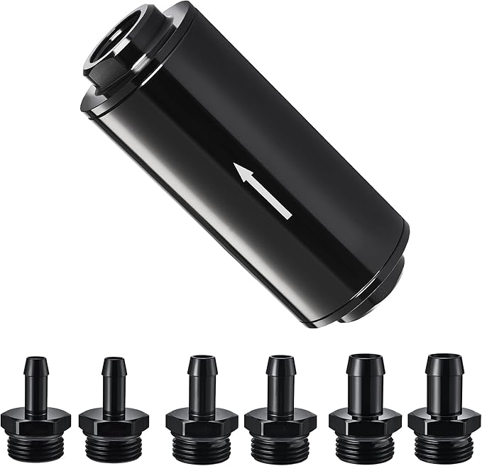 EVIL ENERGY Inline Fuel Filter 40 Micron with Barb 1/2", 3/8", 5/16" Fitting Adapter 60MM Universal Aluminum Black, for Gasoline, Diesel, Rubber Fuel Line, Car EFI & Carb Fuel Systems
