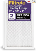 Filtrete 16x30x1 AC Furnace Air Filter, MERV 12, MPR 1500, CERTIFIED asthma & allergy friendly, 3 Month Pleated 1-Inch Electrostatic Air Cleaning Filter, 2-Pack (Actual Size 15.81x29.81x0.78 in)