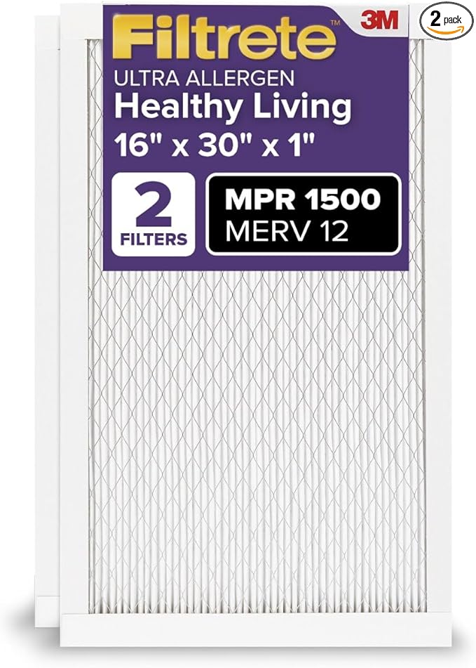 Filtrete 16x30x1 AC Furnace Air Filter, MERV 12, MPR 1500, CERTIFIED asthma & allergy friendly, 3 Month Pleated 1-Inch Electrostatic Air Cleaning Filter, 2-Pack (Actual Size 15.81x29.81x0.78 in)