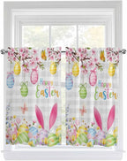 Happy Easter Tier Curtains 45 Inches Long, Spring Watercolor Bunny Eggs Flower Grey Plaid Window Treatment Curtain Drapes, Small Curtain Drapes for Bathroom Laundry Room, 27.5"x45", 2 Panels