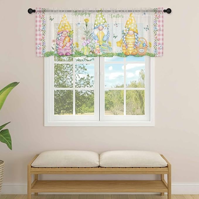 Easter Sheer Valances for Windows 42"x12", Light Filtering Kitchen Curtains Valance, Country Gnomes Duck Floral Eggs Pink Buffalo Check Rod Pocket Chiffon Curtains for Living Room Bedroom Cafe