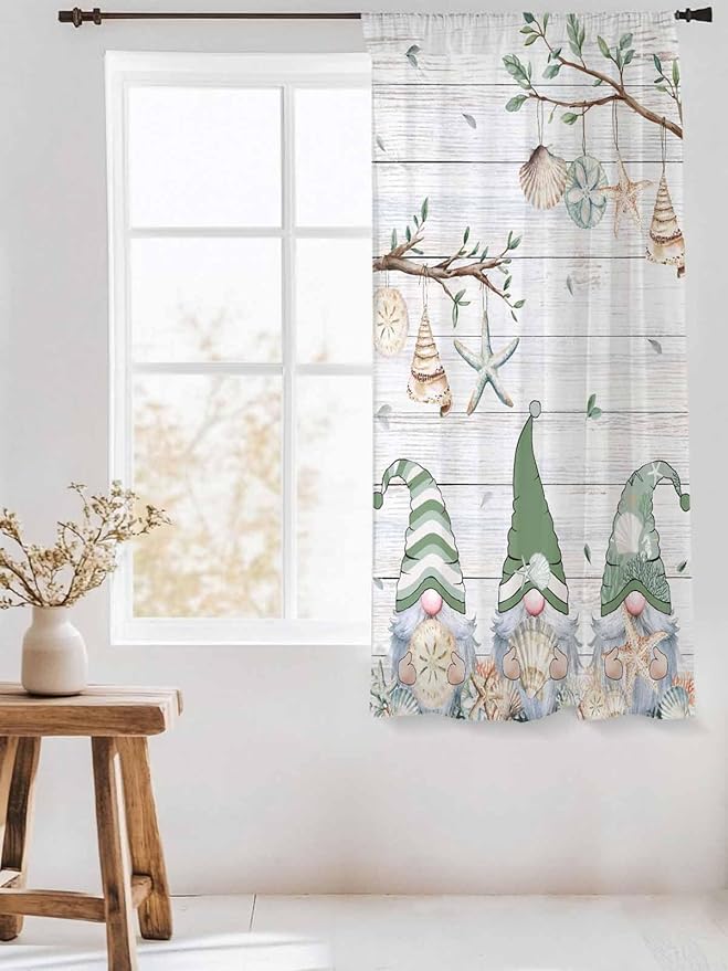 Sheer Curtains 72 Inches Long, Sage Green Gnomes Semi Sheer Curtains Light Filtering Window Treatment, Eucalypus Coastal Anchor Retro Wood Privacy Voile Drapes for Living Room Bedroom 52x72 Inch