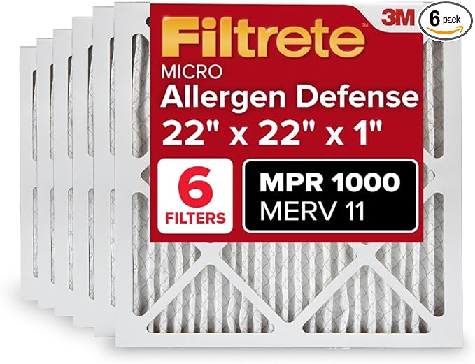 Filtrete 22x22x1 AC Furnace Air Filter, MERV 11, MPR 1000, Micro Allergen Defense, 3-Month Pleated 1-Inch Electrostatic Air Cleaning Filter, 6 Pack (Actual Size 21.69x21.69x0.81 in)