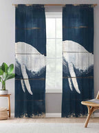 Sheer Curtains 84 Inches Long, Ocean Whale Blue Semi Sheer Curtains Light Filtering Window Treatment, Watercolor Coastal Vintage Wood Grain Privacy Voile Drapes for Living Room Bedroom 52x84 Inch