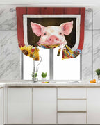 Tie Up Curtains for Windows, Pigs Sunflowers Adjustable Balloon Nature Linen Textured Kitchen Curtain, Farmhouse Red Barn Flowers Animals Tie Up Blackout Curtains for Bedroom, 52 x 63 Inches