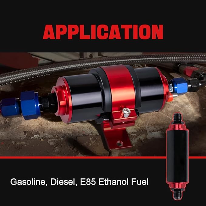 BARTOO Universal 50MM 100 Micron Inline Fuel Filter with 6AN 8AN 10AN Adapter For Filtering Gasoline, Diesel, E85-Red