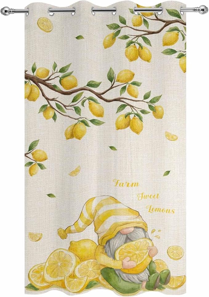 Summer Outdoor Curtains for Patio Lemon Gnome Leaf Linen Texture Waterproof Outside Curtains with Grommet Top Weatherproof Curtain for Cabana Pergola Gazebo, 1 Panel, 54" W x 84" L