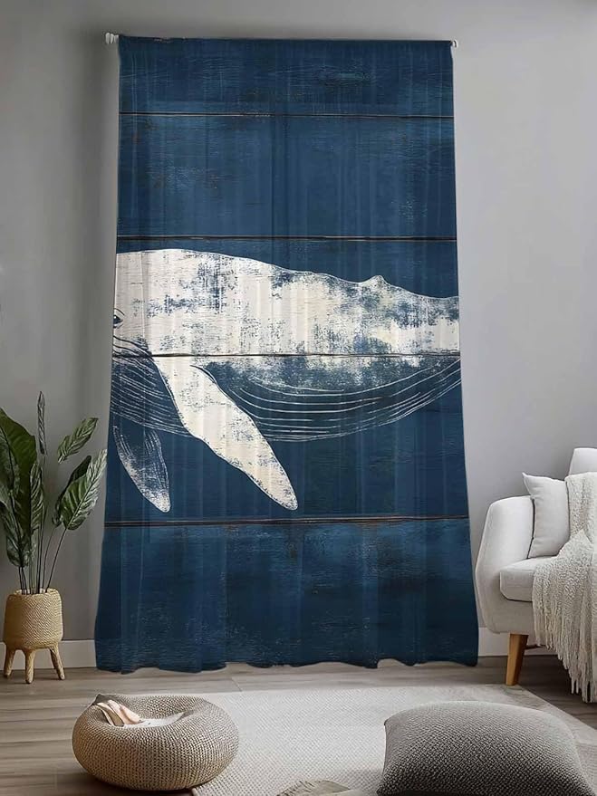 Sheer Curtains 96 Inches Long, Summer Whale Semi Sheer Curtains Light Filtering Window Treatment, Ocean Vintage Wooden Grain Blue Privacy Voile Drapes for Living Room Bedroom 52x96 Inch