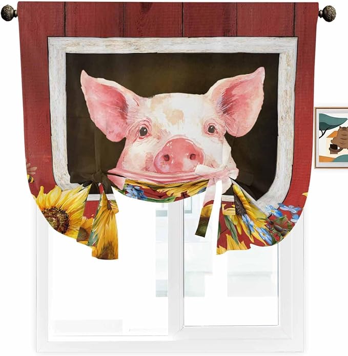 Tie Up Curtains for Windows, Pigs Sunflowers Adjustable Balloon Nature Linen Textured Kitchen Curtain, Farmhouse Red Barn Flowers Animals Privacy Curtains Balloon Blind for Cafe, 42 x 63 Inches