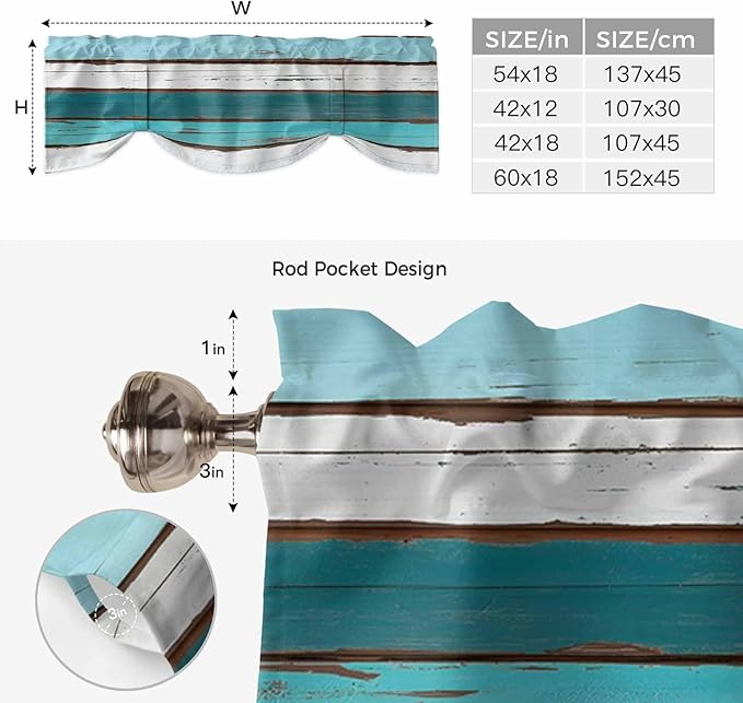 Turquoise Teal Tie Up Valance Curtains for Windows, Kitchen Curtains Window Shades, Farmhouse Retro Ombre Wooden Grain Light Filtering Roman Curtain Valances for Bedroom/Bathroom/Cafe 54"x18"