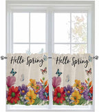 Spring Flowers Half Window Curtains 24 Inches Long, Farmhouse Vintage Country Colorful Floral Window Treatment Curtain Drapes, Short Curtains Tiers for Kitchen Over Sink, 27.5"x24", 2 Panels