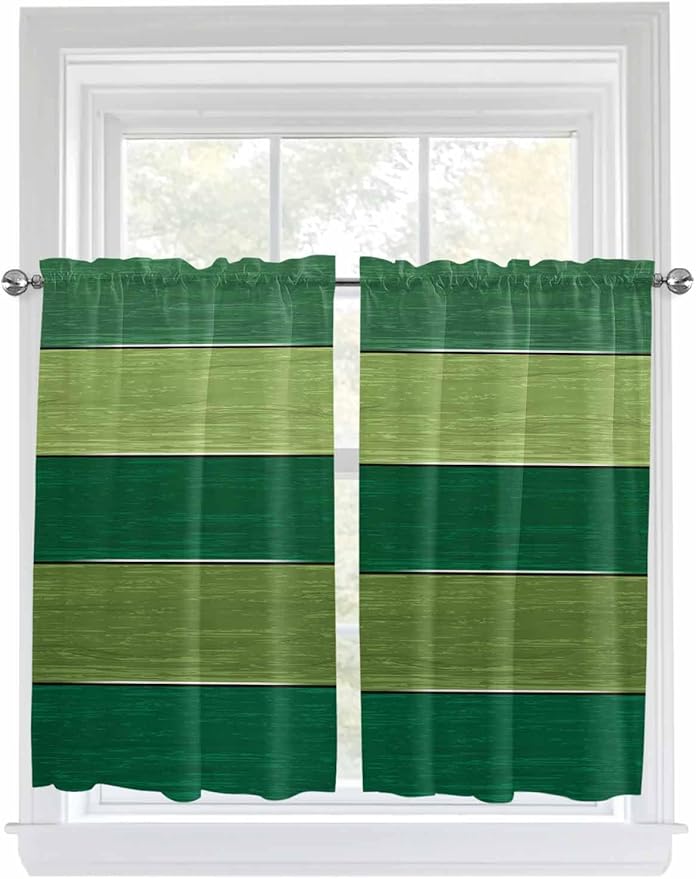 Farm Retro Green Wood Grain Window Valance Curtains, Rustic Wooden Plank Texture Light Filtering Kitchen Valance with 3-inch Rod Pocket for Living Room Bathroom Bedroom,2 Panel,52x54In
