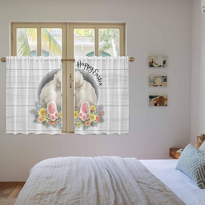 Easter Bunny Kitchen Curtains 45 Inch Long 2 Panel Set, Rod Pocket Window Treatment, 3D Optical Illusion Farmhouse Flower Wood Grain Light Filtering Panels Short Drapes for Bathroom Camper 42"W x 45"L