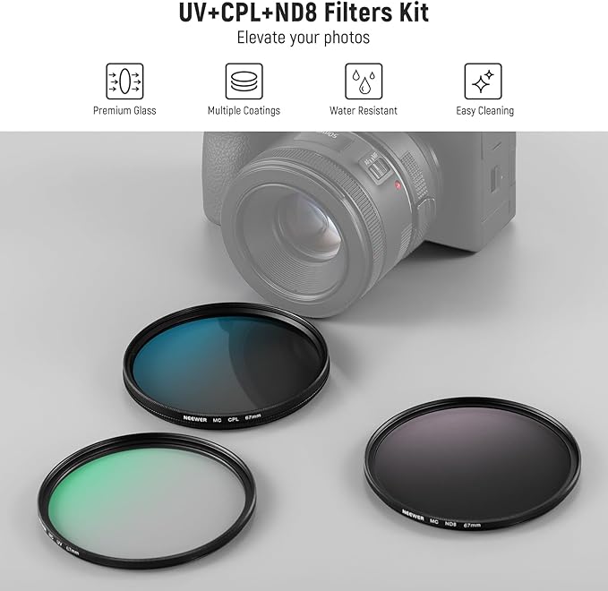 NEEWER 67mm UV/CPL/ND Lens Filter Kit, UV Protection + Circular Polarizing + Neutral Density (ND8) Camera Lens Filter Set with Multicoated Optical Glass, Slim Frame & Upgraded Foldable Storage Case