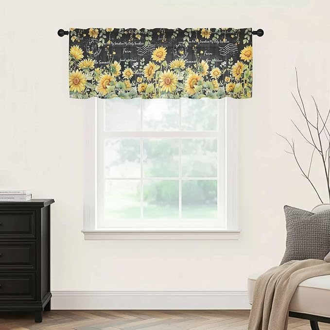 Summer Floral Sheer Valance Curtains, Watercolor Sunflower Eucalyptus Leaves Letter Print Light Filtering Kitchen Valances Rod Pocket Voile Curtain Treatment for Bedroom/Living Room/Basement 60Wx18L