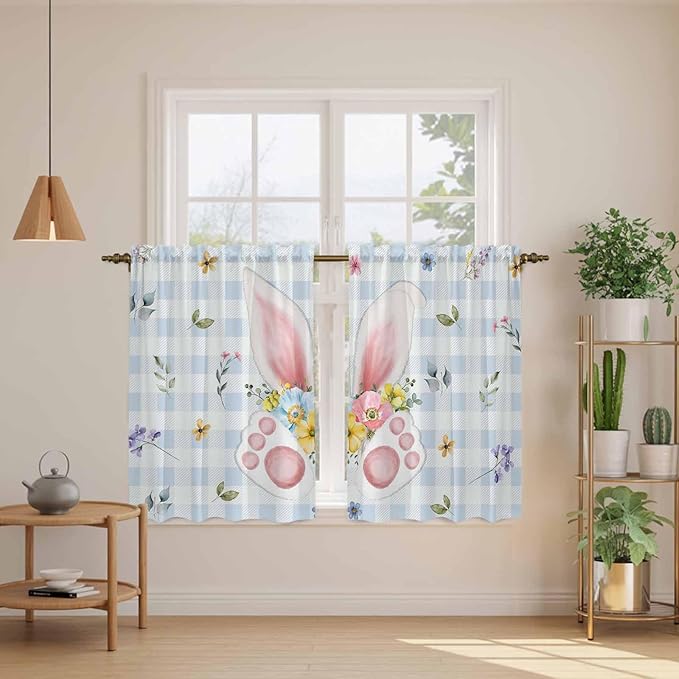Easter Kitchen Curtains 54 Inch Long 2 Panel Set, Rod Pocket Window Curtains Panels, Spring Rabbits Ears Feet Floral Blue Lattice Light Filtering Privacy Draperies for Bedroom Laundry 42"W x 54"L