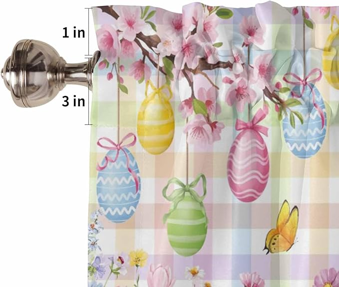 Happy Easter Half Window Curtain 36 Inches Long, Spring Bunny Colorful Eggs Flower Plaid Window Treatment Curtain Drapes, Small Tier Curtains for Bathroom Over Sink, 27.5"x36", 2 Panels