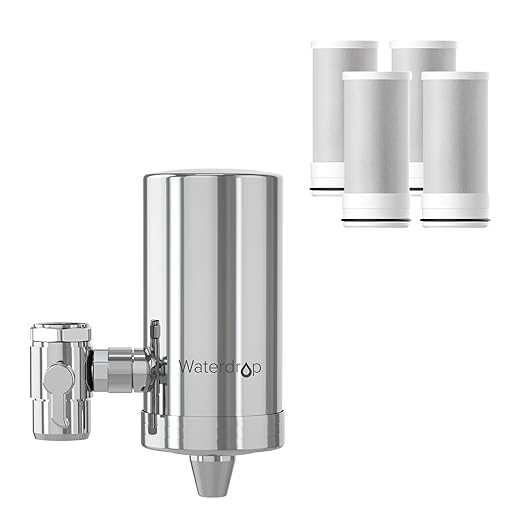 Waterdrop Water Filter for Sink Faucet, 360° Rotating Stainless Steel, NSF Certified Water Purifier for Kitchen Sink, 12 Months Long Lasting Tap Water Filter, Reduce Chlorine, 4 Filters