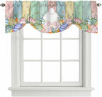 Easter Tie Up Valance Curtains for Windows, Kitchen Curtains Window Shades, Spring Rabbit Ears Foot Eggs Floral Wooden Grain Light Filtering Roman Curtain Valances for Bedroom/Bathroom/Cafe 54"x18"