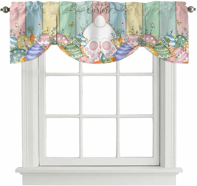 Easter Tie Up Valance Curtains for Windows, Kitchen Curtains Window Shades, Spring Rabbit Ears Foot Eggs Floral Wooden Grain Light Filtering Roman Curtain Valances for Bedroom/Bathroom/Cafe 42"x18"