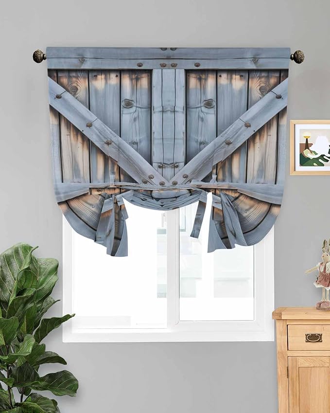 Tie Up Curtains for Windows, Farmhouse Wood Grain Adjustable Balloon Nature Linen Textured Kitchen Curtain, Vintage Country Barn Gate Textured Room Darkening Curtains for Glass Door, 42 x 45 In