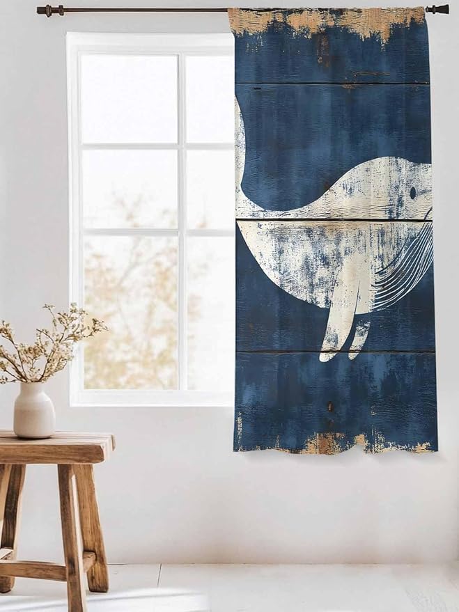 Sheer Curtains 63 Inch Length, Ocean Whale Blue Semi Sheer Curtains Light Filtering Window Treatment, Summer Sea Vintage Wooden Grain Privacy Voile Drapes for Living Room Bedroom 52x63 Inch