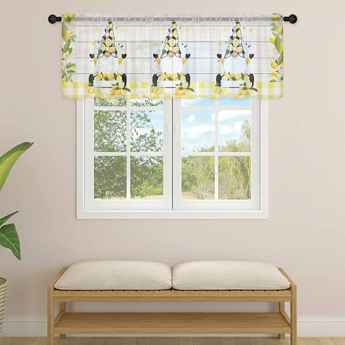 Lemon Dwarfs Sheer Valance Curtains, Gnome Green Leaf Wood Striped Black Plaid Light Filtering Kitchen Valances Rod Pocket Voile Curtain Window Treatment for Bedroom/Living Room/Basement 54Wx18L