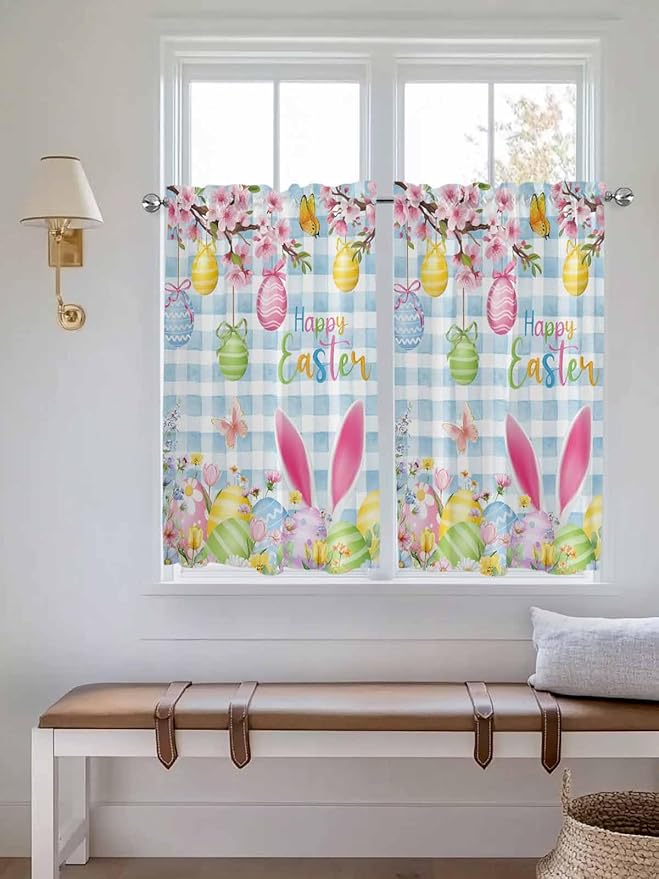 Happy Easter Kitchen Curtains 54 Inches length, Spring Watercolor Bunny Eggs Flower Blue Plaid Window Treatment Curtain Drapes, Decorative Window Curtains for Bedroom Cafe, 52"x54", 2 Panels