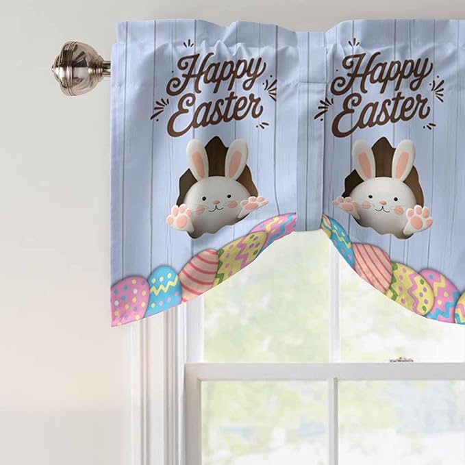 Blue Easter Tie Up Valance Curtains for Windows, Kitchen Curtains Window Shades, Spring Cartoon Bunny Colorful Eggs Wood Grain Light Filtering Roman Curtain Valances for Bedroom/Bathroom/Cafe 54"x18"