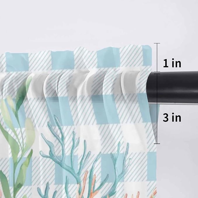 Summer Beach Sheer Valance Curtains, Ocean Colorful Coral Shell Seaweed Starfish Blue Plaid Light Filtering Kitchen Valances Rod Pocket Voile Curtain Treatment for Bedroom/Living Room/Basement 60Wx18L