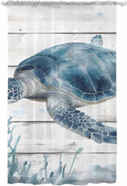 Sheer Curtains 84 Inches Long, Ocean Sea Turtle Semi Sheer Curtains Light Filtering Window Treatment, Coastal Seaweed Vintage Wood Grain Privacy Voile Drapes for Living Room Bedroom 52x84 Inch