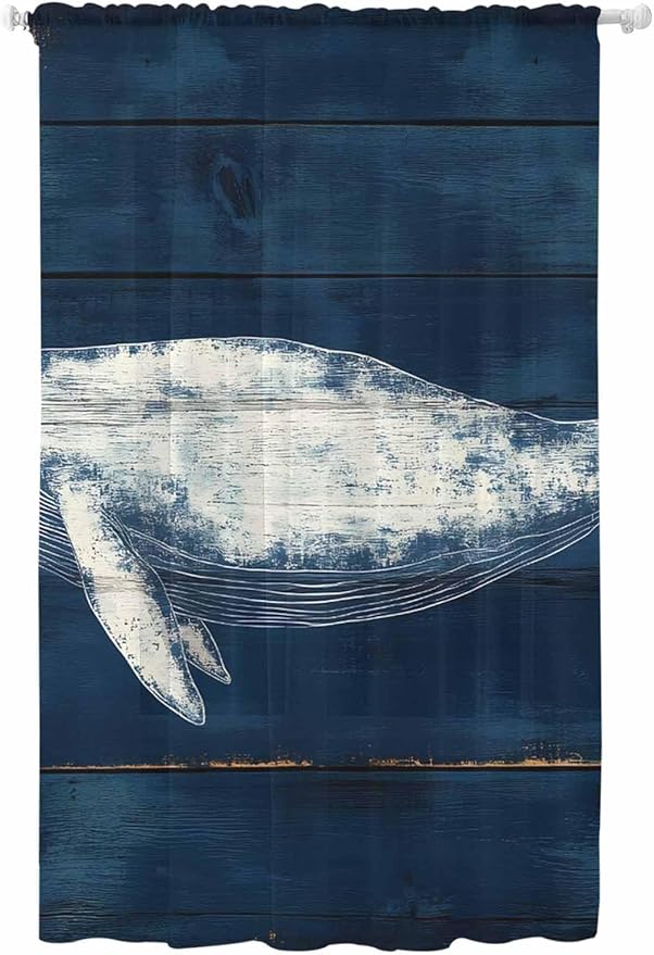 Sheer Curtains 108 Inches Long, Summer Whale Semi Sheer Curtains Light Filtering Window Treatment, Ocean Watercolor Wooden Grain Blue Privacy Voile Drapes for Living Room Bedroom 52x108 Inch