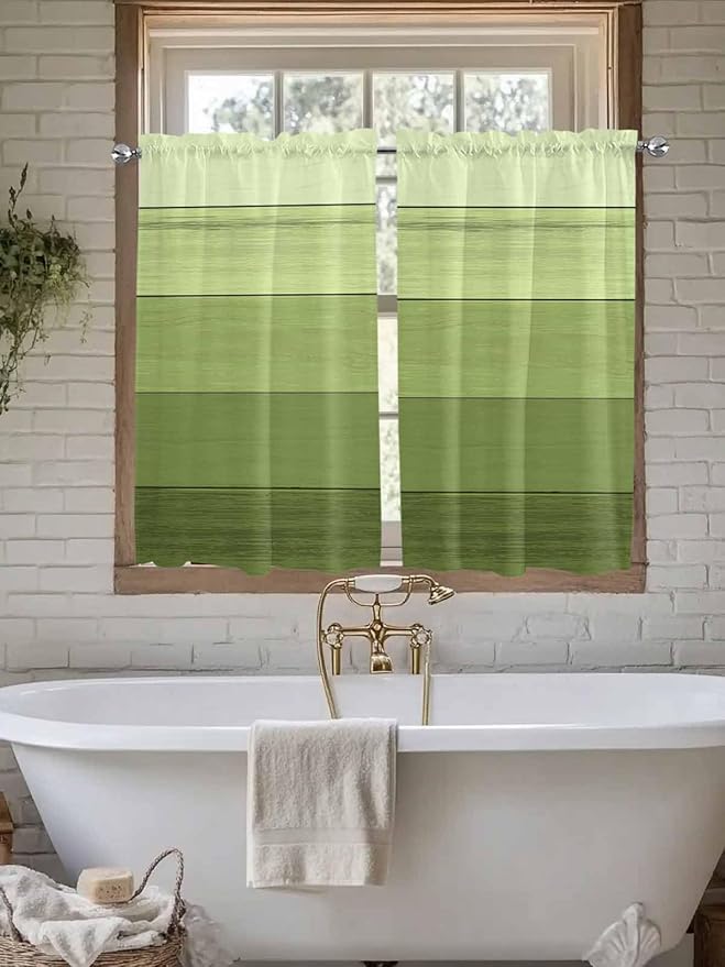 Gradient Green Wooden Board Window Valance Curtains, Retro Country Wood Grain Light Filtering Kitchen Valance with 3-inch Rod Pocket for Living Room Bathroom Bedroom,2 Panel,52x45In