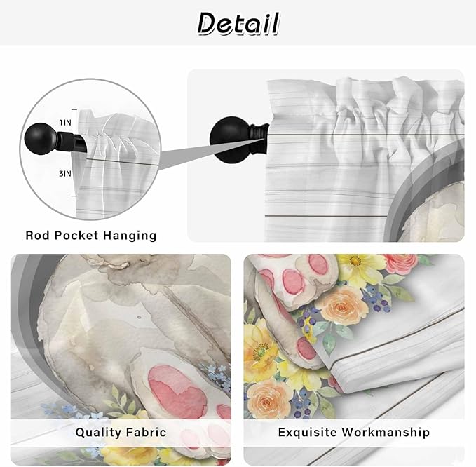 Easter Bunny Kitchen Curtains 54 Inch Long 2 Panel Set,Rod Pocket Window Curtains Panels,3D Optical Illusion Farmhouse Flower Wood Grain Light Filtering Privacy Draperies for Bedroom 42"W x 54"L