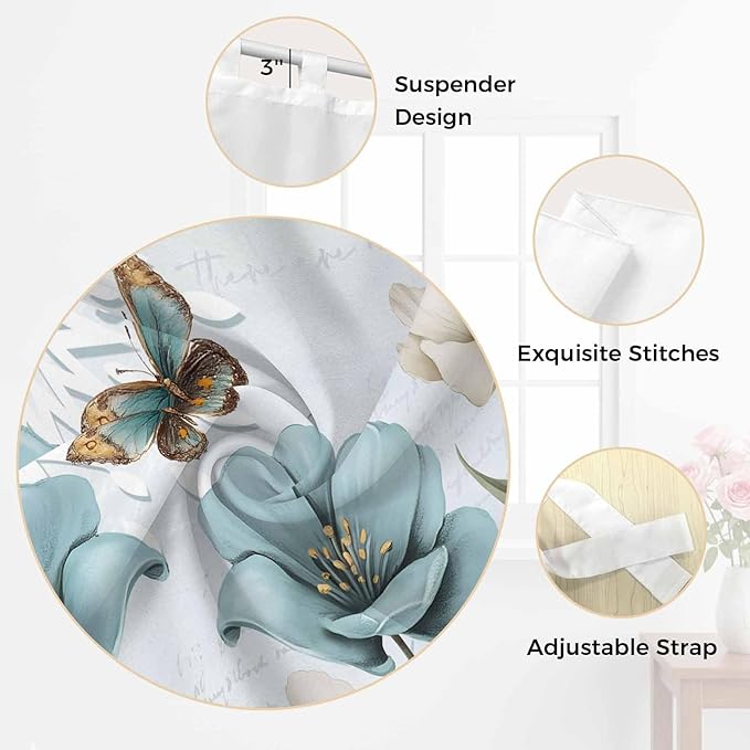 Blue Tulips Living Room Curtains 96 Inch Length, Window Curtains Tab Top, Watercolor Flowers Butterfly Spring Farmhouse Blue Light Filtering Window Treatments Drapes 52"x96" 2 Panel